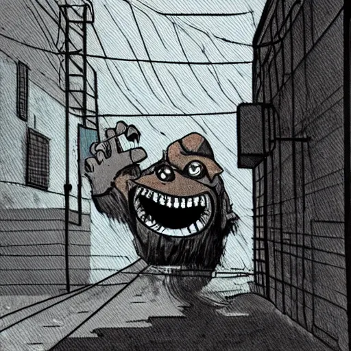 Prompt: A Trevor Hendorson styled monster hiding behind a dumpster in a dark alley with a power line running through it. Grainy, muted colors, hyper detailed, dark, dreary.