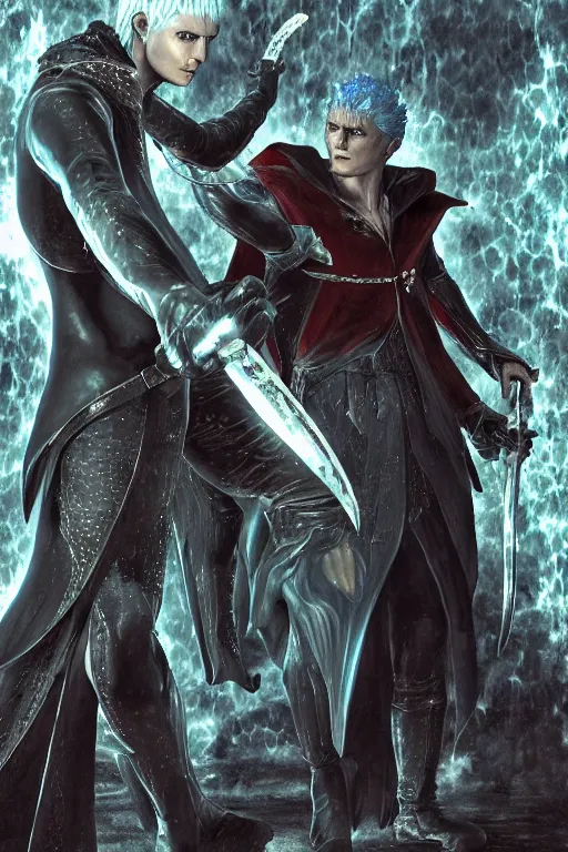 Prompt: dante and vergil in shiny hell, nightmare, horror, sharp focus, detailed, photorealistic