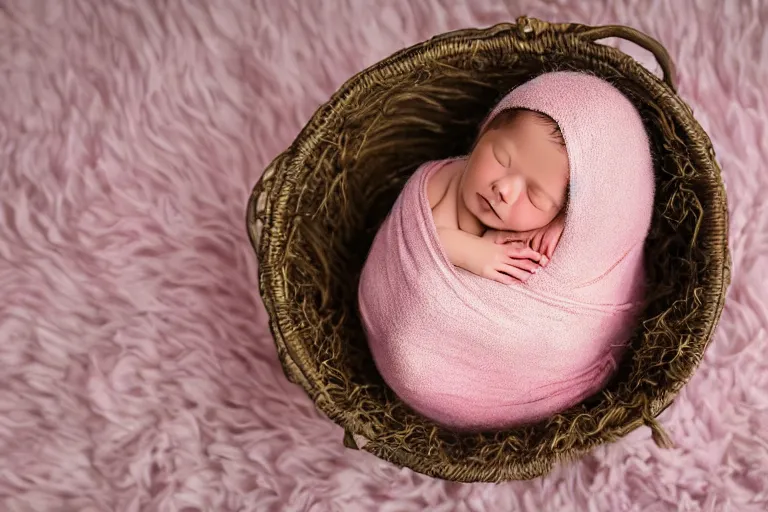 Image similar to beautiful sleeping newborn human baby girl wrapped in pink blanket inside a wooden basket on top of flowers and a furry pink carpet, newborn photography style, photographic, ultra realistic, highly detailed, octane render