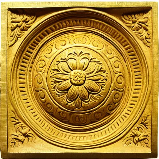 Prompt: ornate engraved carving of a high - relief round flower on a square gold panel