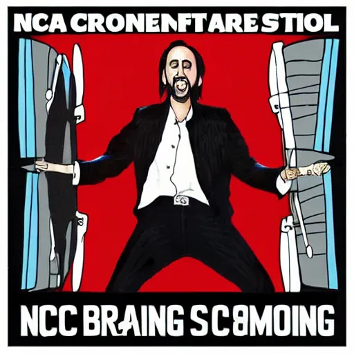 Image similar to nic cage breaking a drum over his knee, stylized album cover