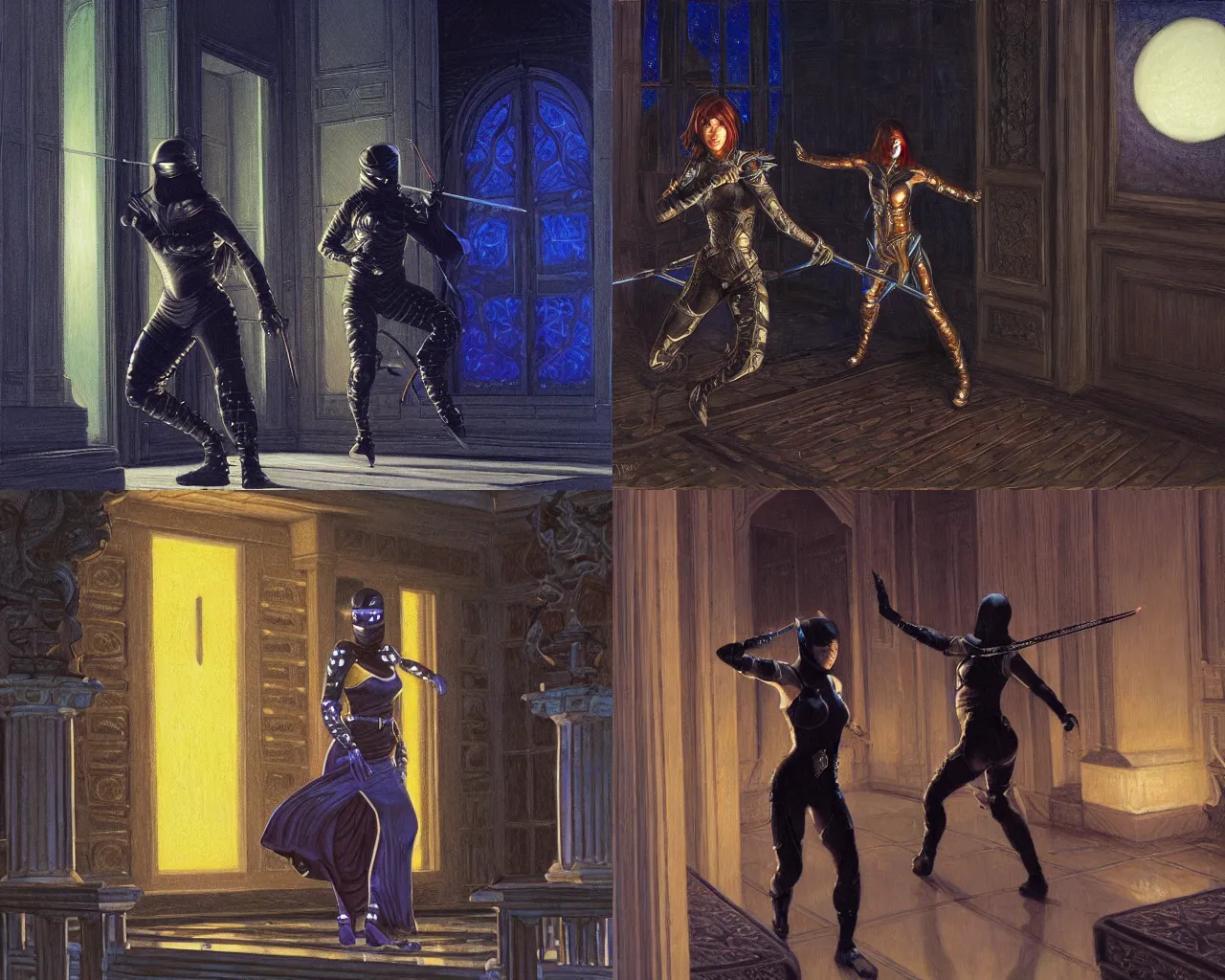 Prompt: female ninja infiltrating a palace at night, moonlight, by donato giancola, sharp focus, ultradetailed, hyperrealistic, action scene, simble and swift, hd 8 k, centered