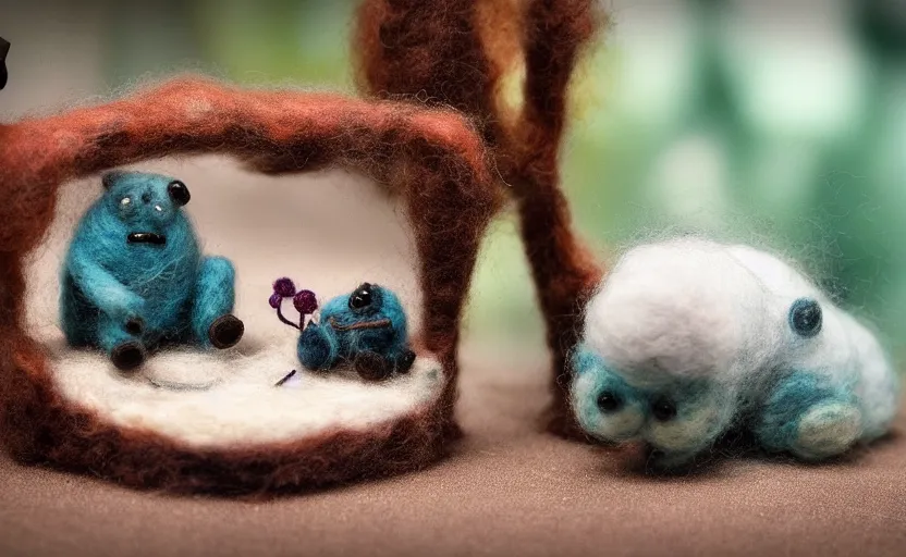 Image similar to tardigrade mini cafe tardigrade diorama with tardigrades macro photography, needle felted tardigrades, ambient, atmospheric photograph, string lights, romantic tardigrades