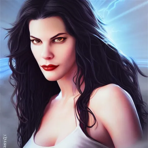 Prompt: liv tyler 2 0 - years old as the greek god of lightning, highly detailed, crazy aerosmith, young, by artgerm and greg rutkowski