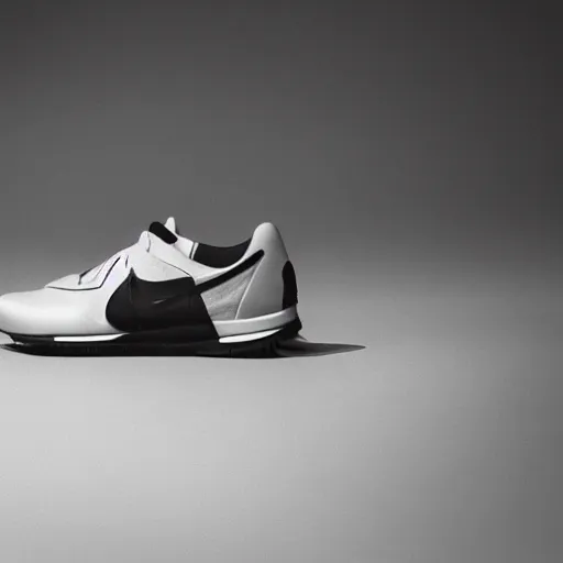 Image similar to a studio photoshoot of A Nike running sneaker designed by Dieter Rams, mesh fabrics, realistic, color film photography by Tlyer Mitchell, 35 mm, graflex