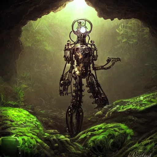 Prompt: gorgeous mechanical steampunk creature with humanlike form looking eerily into a cave entrance with lush vegetation and mystical (((glowing algae))) in the sunset, desaturated, sharp focus, highly detailed, artgerm