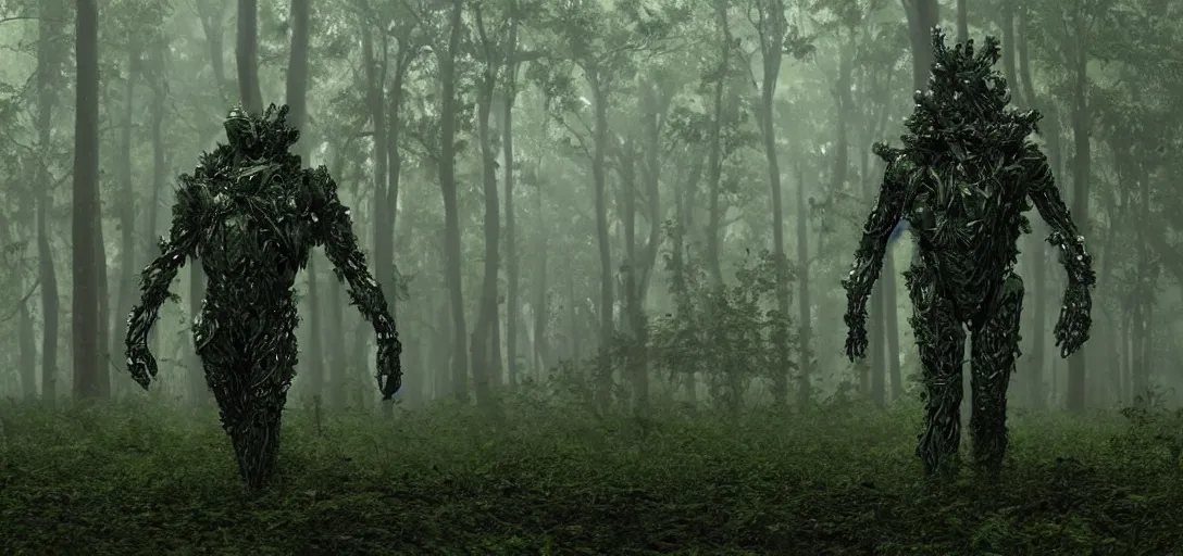 Prompt: a complex organic fractal 3 d metallic symbiotic ceramic humanoid megastructure creature in a swampy lush forest, foggy, cinematic shot, photo still from movie by denis villeneuve