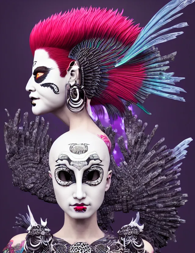 Image similar to 3 d goddess close - up profile portrait punk with mohawk with ram skull. beautiful intricately detailed japanese crow kitsune mask and clasical japanese kimono. betta fish, jellyfish phoenix, bio luminescent, plasma, ice, water, wind, creature, artwork by tooth wu and wlop and beeple and greg rutkowski