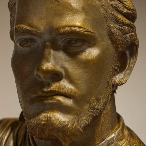 Prompt: detailed photo of an old bronze patina statue of a ewan mcgregor bust, intricate detail, museum lighting
