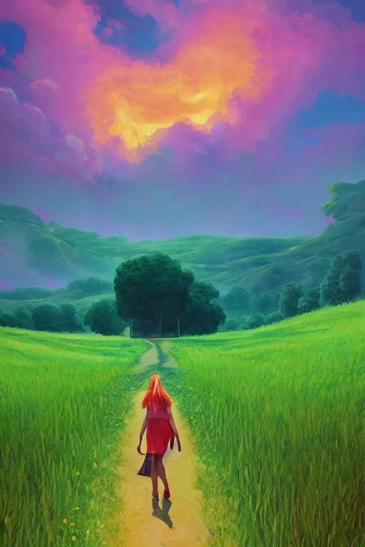 Image similar to giant corn flower head, girl walking in a green valley, surreal photography, sunrise, dramatic light, impressionist painting, colorful clouds, digital painting, artstation, simon stalenhag