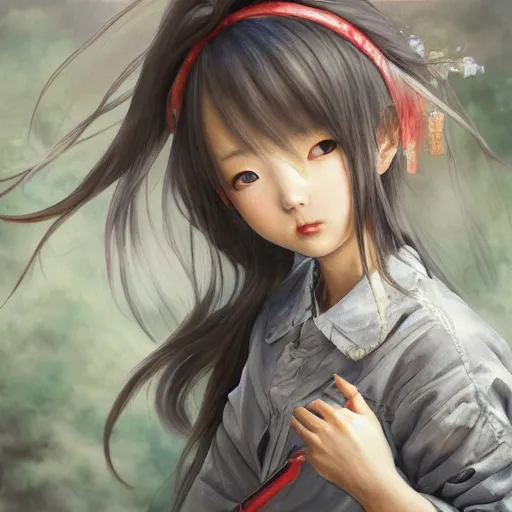 Image similar to dynamic composition, motion, ultra-detailed, incredibly detailed, a lot of details, amazing fine details and brush strokes, colorful and grayish palette, smooth, HD semirealistic anime CG concept art digital painting, watercolor oil painting of a Japanese schoolgirl, by a Chinese artist at ArtStation, by Huang Guangjian, Fenghua Zhong, Ruan Jia, Xin Jin and Wei Chang. Realistic artwork of a Chinese videogame, gradients, gentle an harmonic grayish colors.