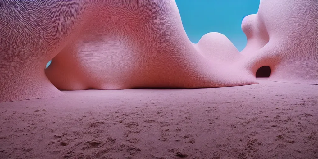 Image similar to soft biomorphic structures out of stocking - like material and nets that fills with various objects like spices, sand and shells by ernesto neto, dusty pink with light - mint color, film still from the movie directed by denis villeneuve with art direction by zdzisław beksinski, telephoto lens, shallow depth of field