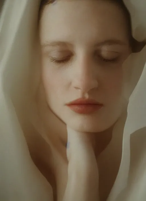 Prompt: out of focus photorealistic portrait of a beautiful!!! aesthetic!!! pale woman by saul leiter, behind a white latex sheet, very blurry, translucent white skin, closed eyes, foggy