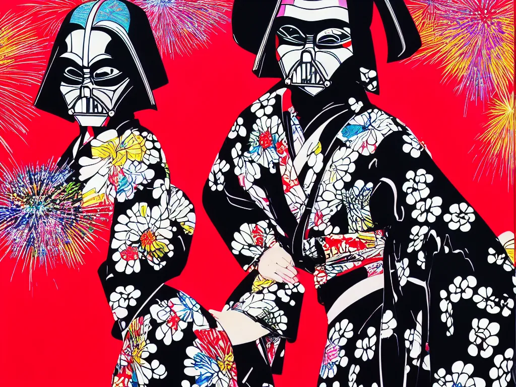 Image similar to hyperrealism composition of the detailed woman in a japanese kimono sitting at an extremely detailed poker table with darth vader, fireworks on the background, pop - art style, jacky tsai style, andy warhol style, acrylic on canvas