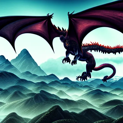 Prompt: a vast landscape of mountains and sky with a group of hyper detailed dragons flying through the sky photorealistic