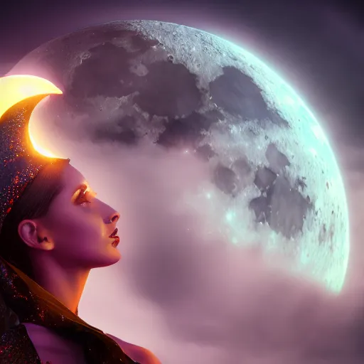 Image similar to portrait of moon witch, beautiful, attractive, glowing, jaw dropping, magical, dynamic lighting, dark, menacing, 4 k octane render, age 2 0, background moon