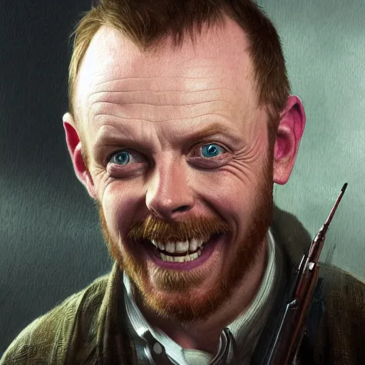 Prompt: portrait painting of simon pegg smiling like a winner with a winchester, ultra realistic, concept art, intricate details, eerie, highly detailed, photorealistic, octane render, 8 k, unreal engine. art by artgerm and greg rutkowski and alphonse mucha