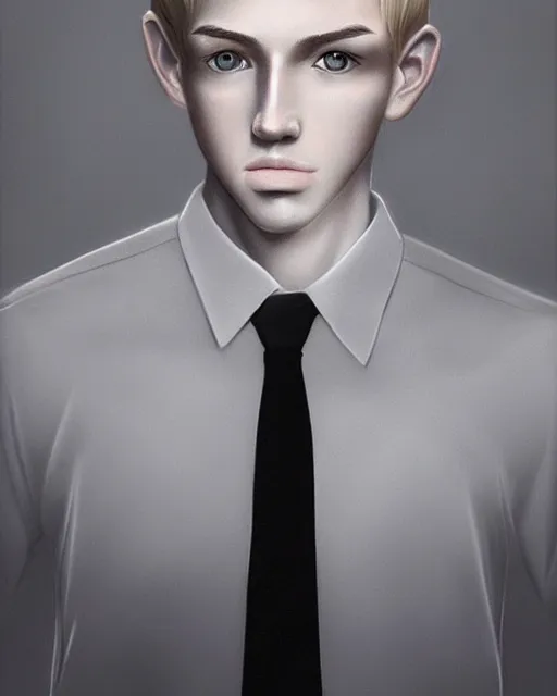 Image similar to portrait of 1 5 - year - old boy, a tall, slender boy with a pale, pointed face, sleek blond hair, and ice grey eyes, wearing in shirt, hyper realistic face, beautiful eyes, character art, art by mark brooks, trending on artstation, digital art