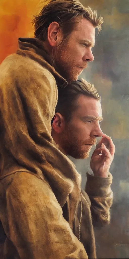 Image similar to we see ewan mcgregor from side. atmospheric feeling, warm colours, brown colours, yellow colours, epic scene, cinematic, very detailed, oil painting