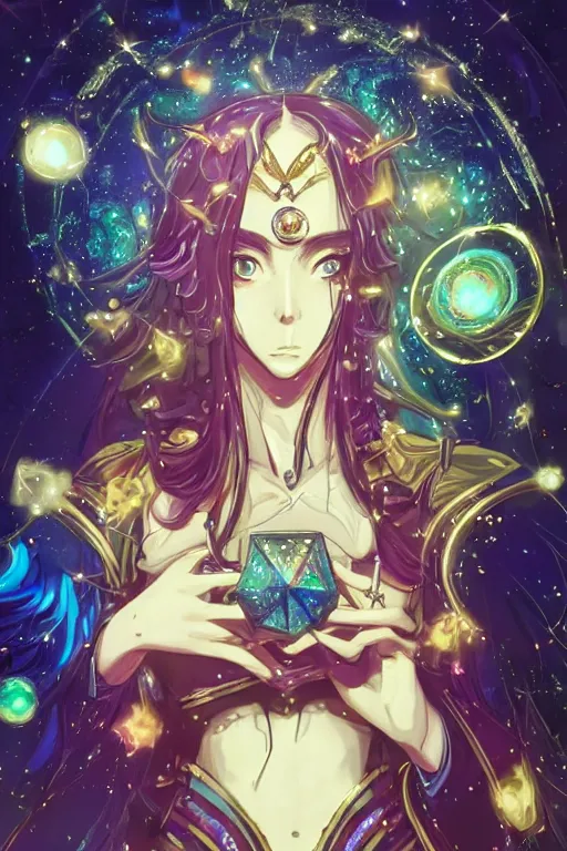 Image similar to acid trip, hall of mirrors, intricate, highly detailed, anime, 4k, a beautiful seductive lucina from fire emblem holding a crystal containing the universe, with professional makeup, long trippy hair, surrounded by gems, underneath the stars, trending on patreon, deviantart, twitter, artstation, volumetric lighting, heavy contrast, by artgerm and Ilya Kuvshinov and alphonse mucha