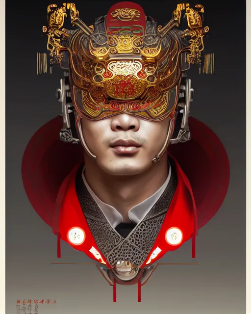 Image similar to portrait of a chinese masculine male cyberpunk machine, machine face, upper half portrait, decorated with chinese opera motifs, muscular, asian, fine china, wuxia, traditional chinese art intricate intense elegant 京 剧 highly detailed symmetry headpiece digital painting artstation concept art smooth sharp focus illustration, art by artgerm and greg rutkowski alphonse mucha 8 k