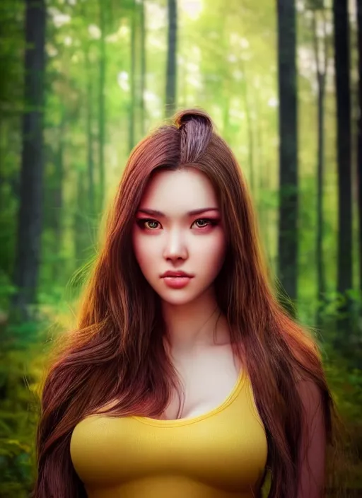 Image similar to photo of a gorgeous female in the style of stefan kostic, realistic, professionally, professionally color graded, half body shot, sharp focus, 8 k high definition, insanely detailed, intricate, elegant, art by stanley lau and artgerm, extreme bokeh, blurred forest in background