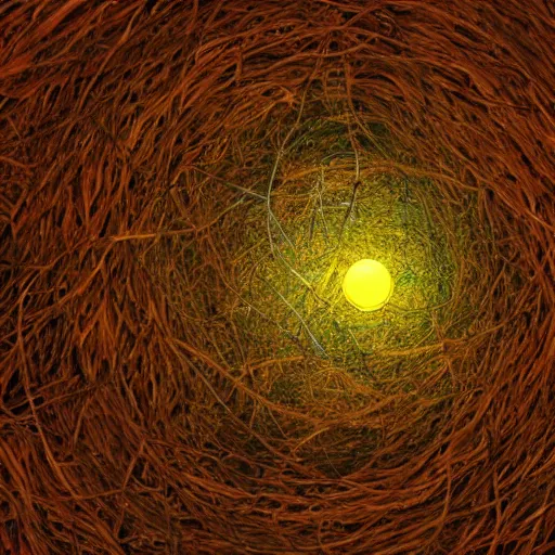 Prompt: almost abstract. it has both recognizable elements of nature and non - representational shapes. there's a nest - like object at the bottom, and two stick like objects. they extend up to a series of spherical shapes, one of them emitting a yellow light.