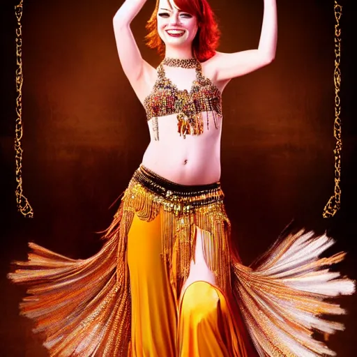 Prompt: a beautiful portrait of emma stone dressed as a belly dancer, arabian night, high quality, fully detailed, 4 k