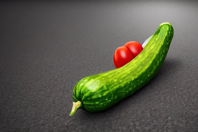 Prompt: detailed 3 d render of a mad zucchini with a long sword running down a dirt road chasing after a panicking tomato, hyper realistic octane render, dramatic lighting, high speed chase, wide angle, nightmare, surrealism