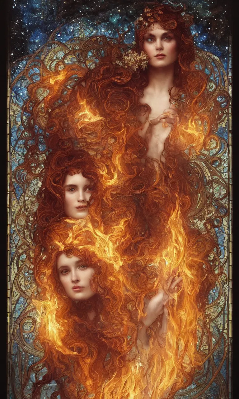 Prompt: ultra realist breathtaking detailed soft painting of a beautiful fire bride, a cosmic nebulae behind her, long fire hair and dress of fireflies, symmetrical facial features, christian saint in the middle of a stained glass of flames, fine intricate art nouveau frame, by Tom Bagshaw, wlop, Alfons Mucha, trending on artstation