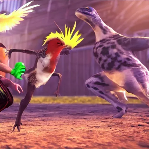 Prompt: screenshot of animal fighting game on ps 4, bird vs lizard, unreal engine,