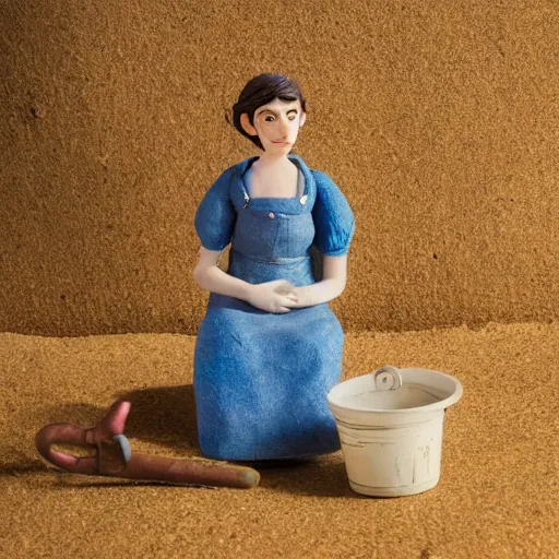 Prompt: a cinematic film still of a claymation stop motion film starring anne hathaway as female farmer, shallow depth of field, 8 0 mm, f 1. 8