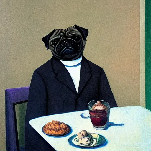 Image similar to a humanoid pug takes you out for a nice dinner by Raphael, Hopper, and Rene Magritte. detailed, romantic, enchanting, trending on artstation.