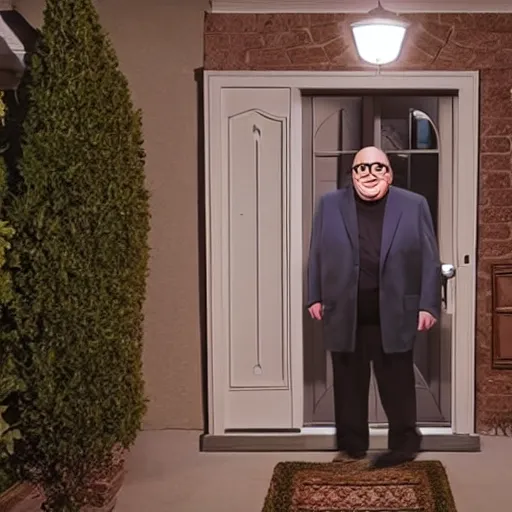 Prompt: doorbell camera footage of danny devito, night shot, 4 k