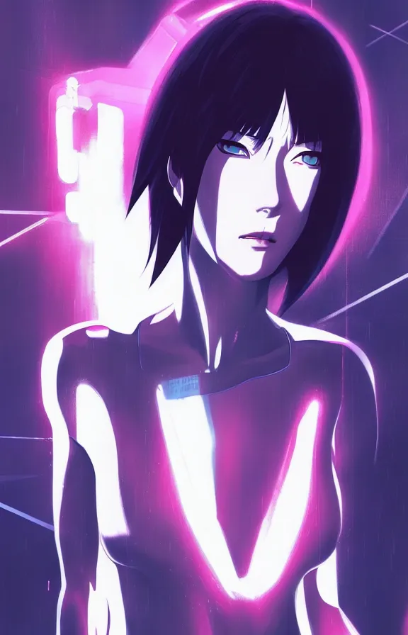 Image similar to a still fullbody portrait of motoko kusanagi ghost in the shell, finely detailed features, closeup at the faces, perfect art, at a cyberpunk city, gapmoe yandere grimdark, trending on pixiv fanbox, by ilya kuvshinov, rossdraws, artgerm