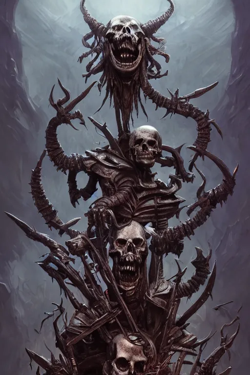 Image similar to death lord stand on skulls, highly detailed, d & d, fantasy, highly detailed, digital painting, trending on artstation, concept art, sharp focus, illustration, global illumination, ray tracing, realistic shaded, art by artgerm and greg rutkowski and fuji choko and viktoria gavrilenko and hoang lap,