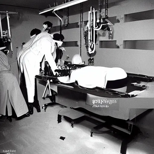 Prompt: secret underground lab where an experiment is performed on an alien body lying on a surgical table, top secret, data deleted, high detail 1 9 6 5 s