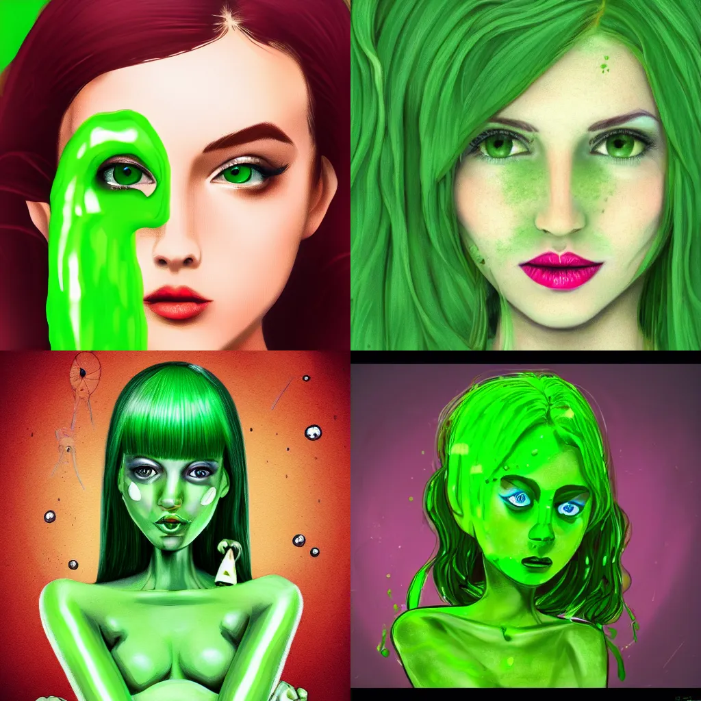 Prompt: Green pretty slimegirl with key lodged in her head, 4k, trending on art station