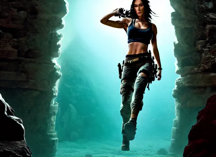 Prompt: film still of!!!! megan fox!!! as lara croft in new tomb raider movie, closeup portrait, exploring interior of torchlit atlantis underwater temple, glamour pose, dramatic lighting, octane, mist, volumetric lighting, 8 k