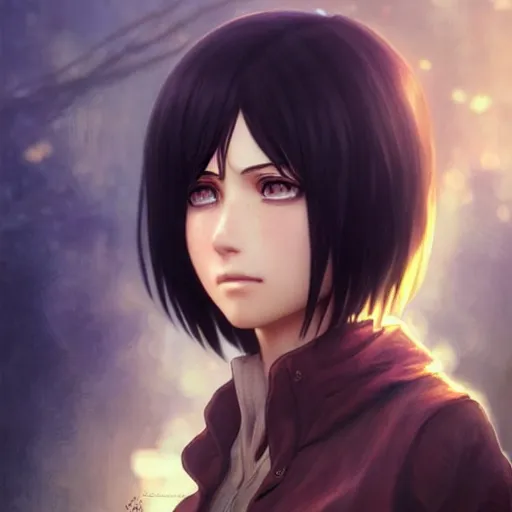 Image similar to mikasa ackerman, bokeh, beautiful face!!!!, 2 7 years old, cg animation, lifelike, animated, realistic, character select portrait, by artgerm, greg rutkowski, alphonse mucha, 3 d