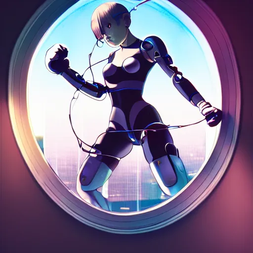 Prompt: a large reflective shattered window, beautiful cyborg - girl punching into window, punching into reflections, glass shards flying, reflective, mirror reflection, refractions on lens, full round face, biomechanical details, cyberpunk anime art, full body shot, lens flare, wlop, ilya kuvshinov, artgerm, krenz cushart, greg rutkowski