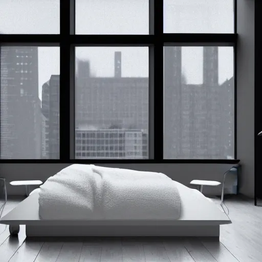 Prompt: brutalist bedroom, big windows, showing city landscape on background, minimalist architecture, minimalist furniture, octane render, high quality, 8 k, post production