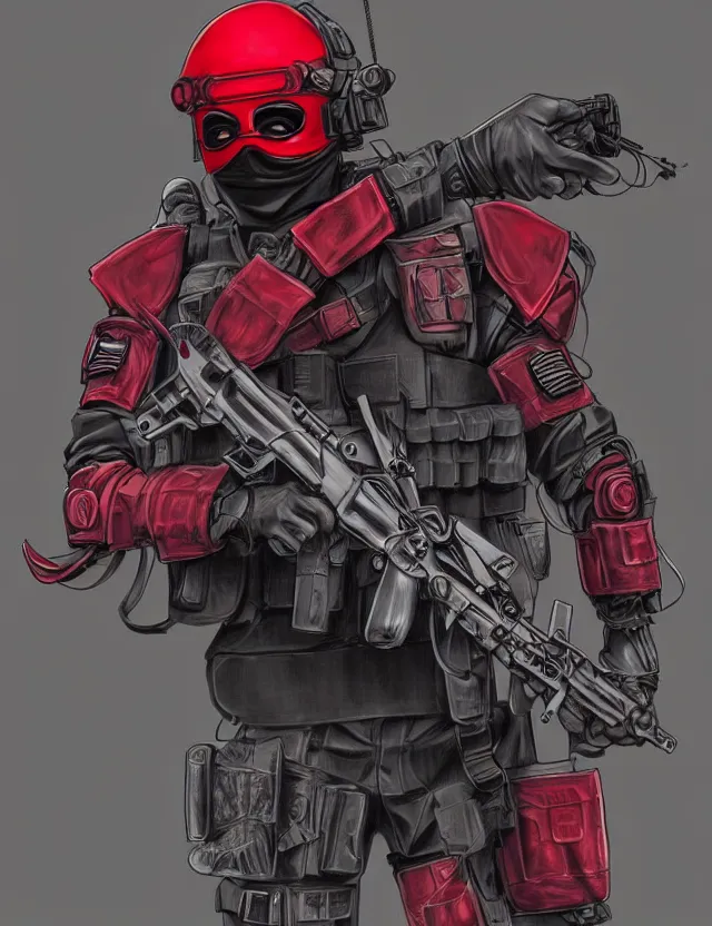 Image similar to a detailed manga illustration of a masked special forces soldier wearing dark red advanced demon - resistant cyborg tactical gear, trending on artstation, digital art, 4 k resolution, detailed, high quality, sharp focus, hq artwork, coherent, insane detail, character portrait