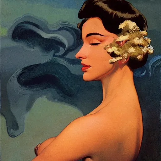 Prompt: a oil painting of a fair skin with dark curly stylised hair queen wearing dress, by hans emmenegger, by bruce pennington, by eyvind earle, by nicholas roerich, by frank frazetta, by georgia o keeffe, by dean cornwell, highly detailed, realistic, concept art, jewels, oriental, desaturated