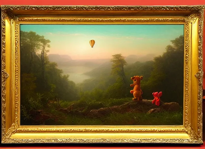 Prompt: american realist romanticism landscape painting of winnie the pooh characters at night, night time, colorful paper lanterns, in the style of hudson river school and thomas cole and albert bierstadt and robert duncanson