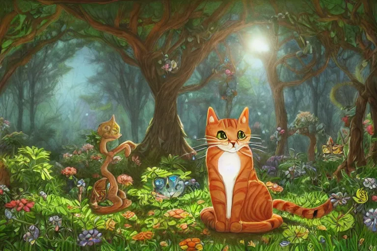 Image similar to a cat in a forest, highly detailed, digital art, trending on artstation, backlighting, by kawacy, by wayne mclouglin, by don bluth, by ken sugimori, by louis wain, fan art