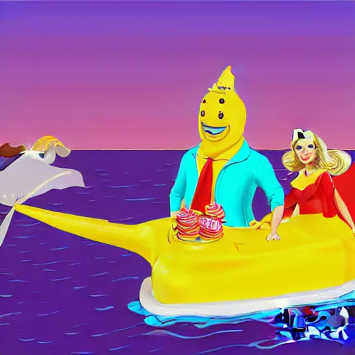 Image similar to ken and barbie having cake by the ocean on a yellow submarine - digital art