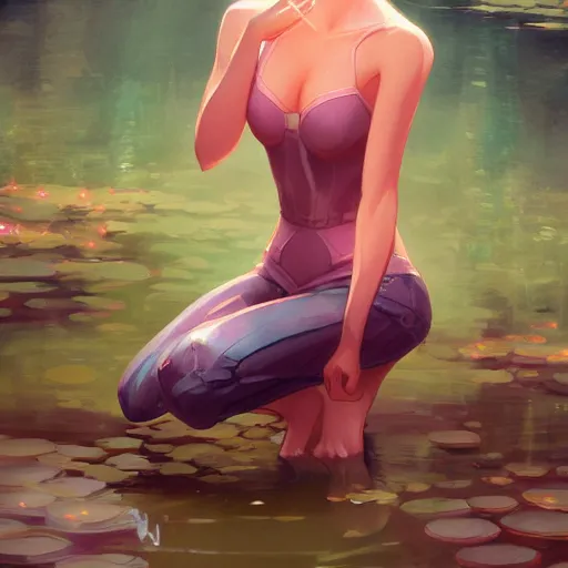 Image similar to fantasy woman girl kneeling in a pond miss attractive eye catching official fanart behance hd artstation by Rossdraws and Jesper Ejsing, by Makoto Shinkai and Lois van baarle, ilya kuvshinov, portrait soft pink theme