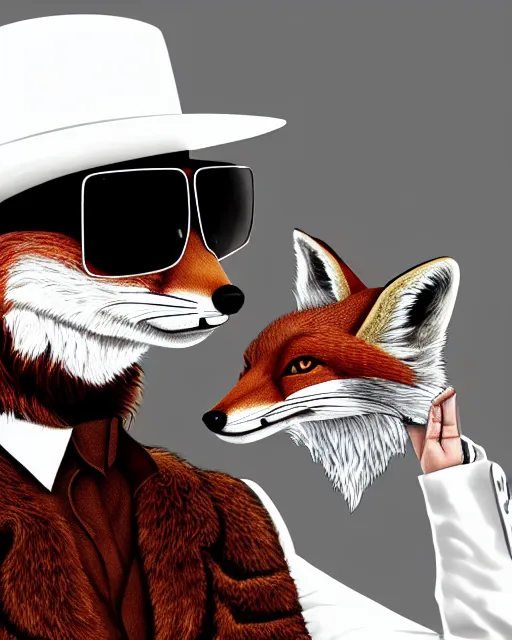 Prompt: highly detailed digital art portrait of anthropomorphic fox animal wearing a white suit, white cowboy hat, and reflective sunglasses, smoking cigar, fox animal, golf course in background, reflective aviator sunglasses, highly detailed digital art, trending on artstation