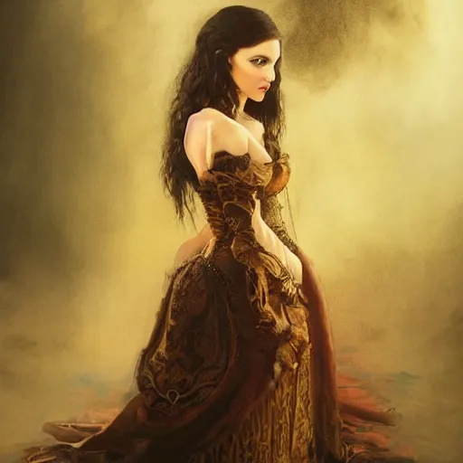 Image similar to majestic gracious regal aristocratic brunette female vampire portrait, indoors setting, atmospheric lighting!!, painted, menacing, intricate, beautiful, rich deep colours masterpiece!!, ( golden hour ), sharp focus!, ultra detailed, by leesha hannigan, ross tran, thierry doizon, kai carpenter, ignacio fernandez rios